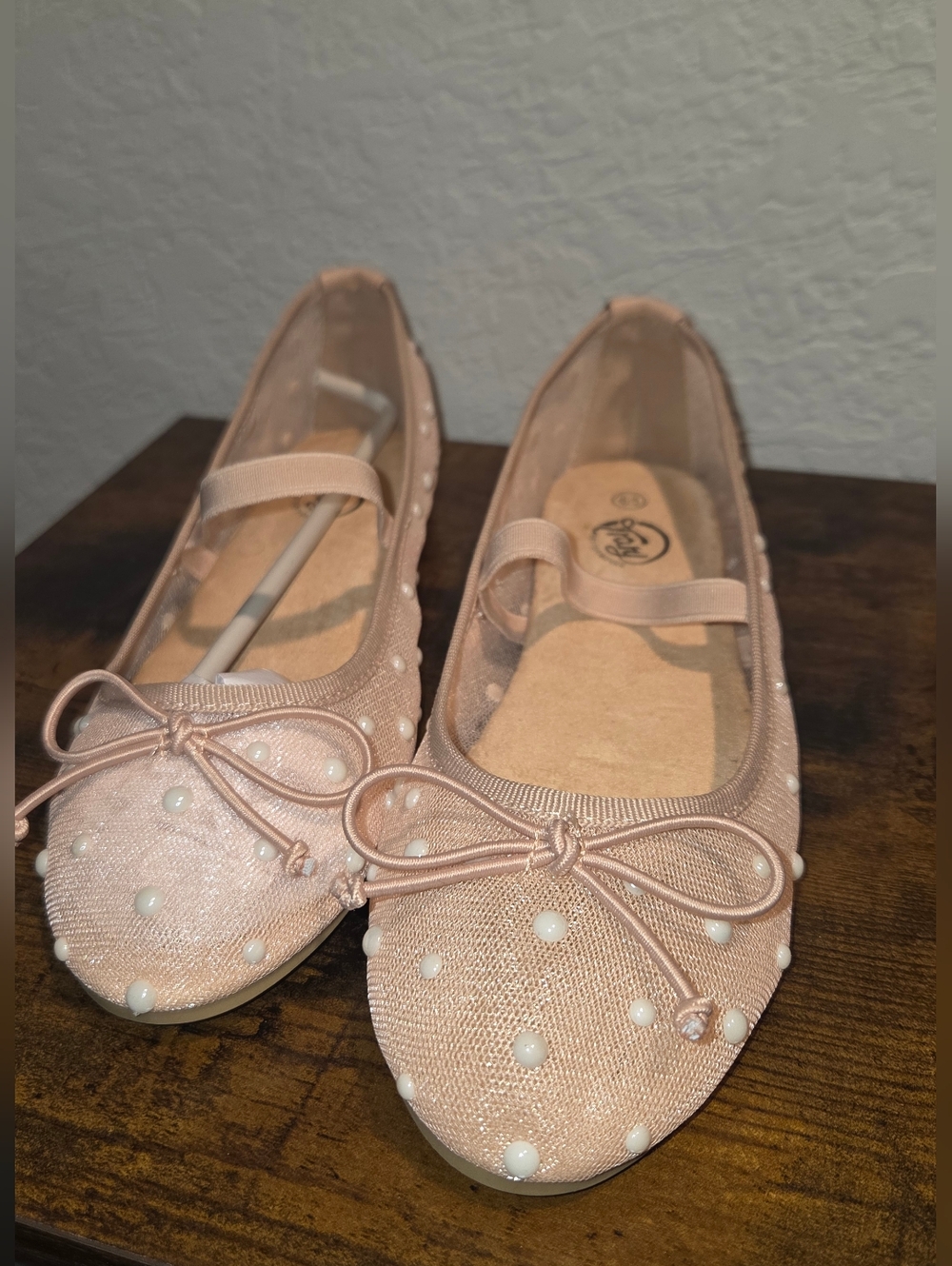 Pearl-Trim Mesh Ballet Flats in Blush Pink